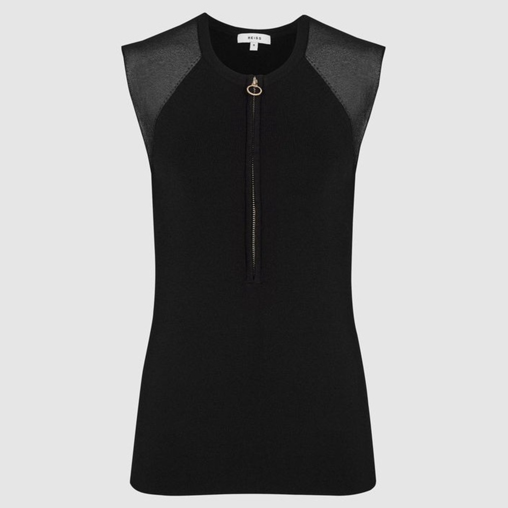 REISS Lila Sleeveless Zip Neck Top in Black